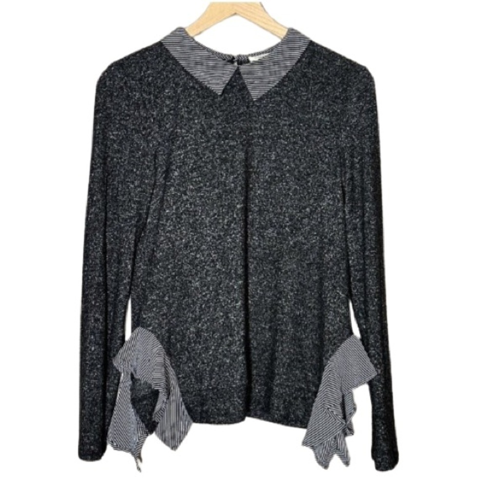 Women's L Monteau Sweater Peter Pan Collar Top Charcoal Striped Soft Stretch